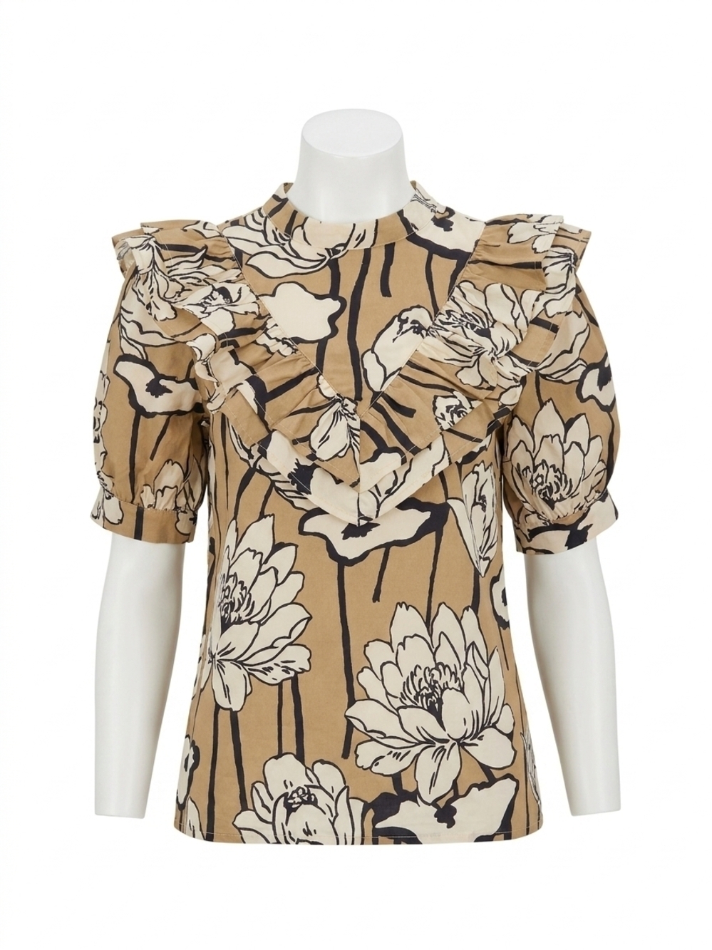NEW ENTRO floral ruffle mock neck top in taupe